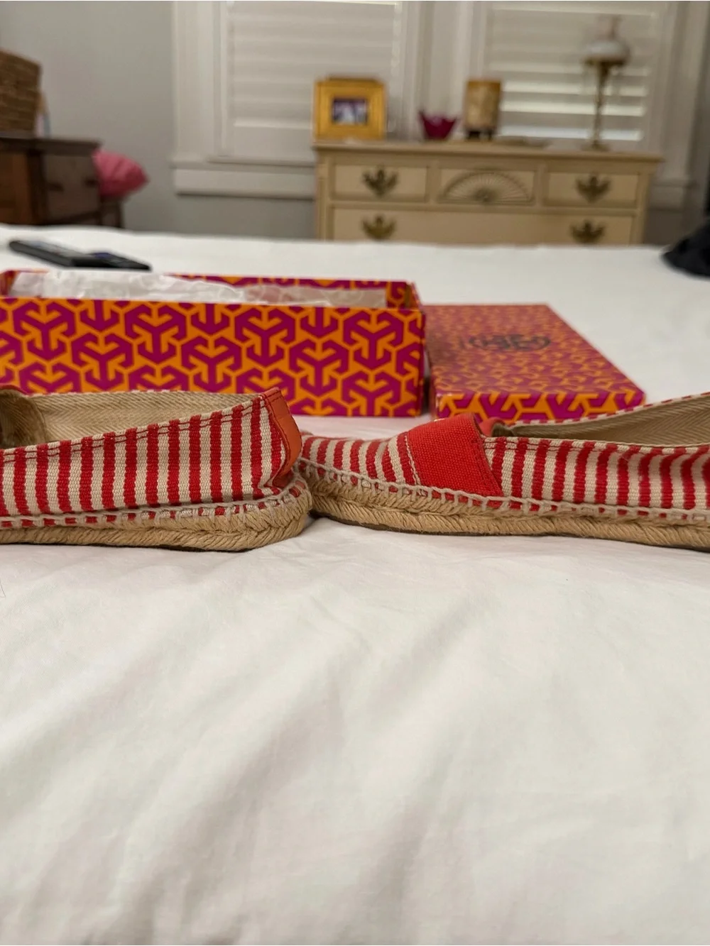 Tory Burch Red and Cream Striped Espadrille Slip-Ons
